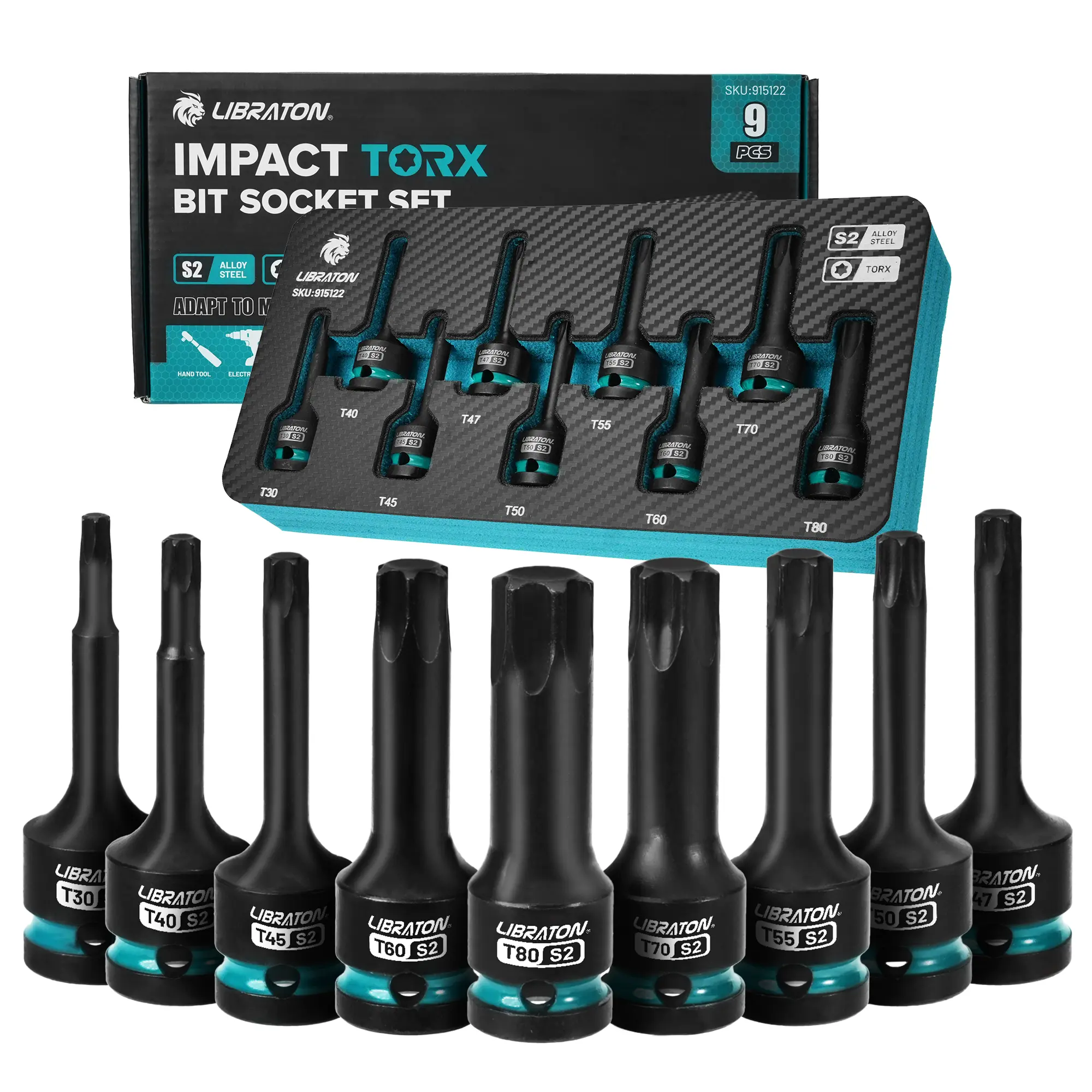 Libraton Impact Torx Bit Socket Set, 1/2" Drive, S2 Steel, 9PCS Impact Star Bit Socket Set (T30-T80), High Impact Torx Sockets, Bit Socket Set, XPE Storage, Professional Mechanic and Automotive Repair