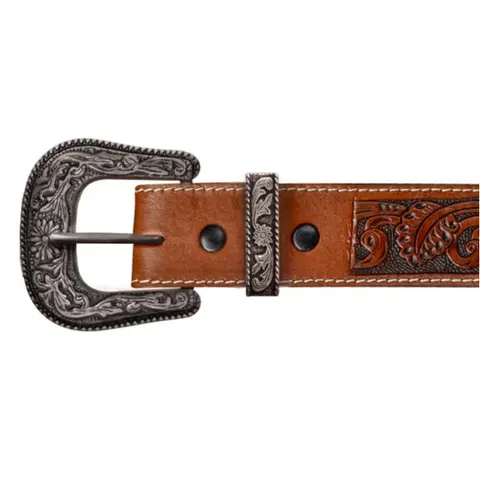 Antiqued 2-Piece Ranger Buckle Set, 100% Leather Men's Tooled Belt with Western Accessories, Cowboy Stuff, Belts 2-Piece Sets