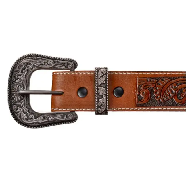 Antiqued 2-Piece Ranger Buckle Set, 100% Leather Men's Tooled Belt with Western Accessories, Cowboy Stuff, Belts 2-Piece Sets