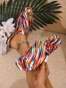 Women's Fashionable Colorblock Striped Pattern Sandals, Casual Comfortable Flat Sandals, Beach Slides Sandals for Summer, Beach, Outdoor, Daily Wear, Casual Slipper Sandals
