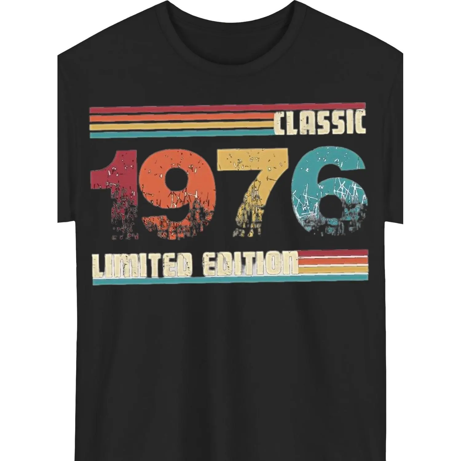 Vintage 1976 Classic Limited Edition Retro Graphic Print Cotton T-shirt with Colorful Distressed Numerals and Striped Banners 70s Style Casual Tee for Men and Women