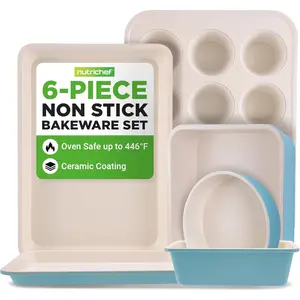 Baking Pan Set, Carbon with Non-Stick Coating - Includes Wide Baking Pan, Medium Size Cookie Sheet, Muffin Pan, Cake & Loaf Pan - Turquoise