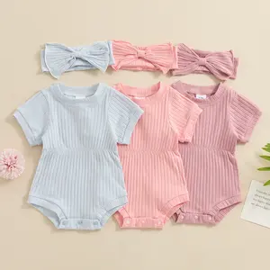 Baby Girl Summer Clothes Ribbed Short Sleeve Romper Solid Color Bodysuits Bow Headband Outfit Newborn Girl Jumpsuit