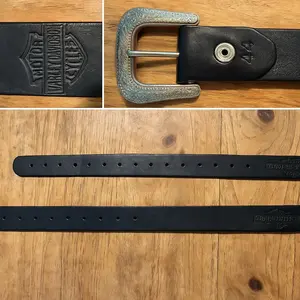 Harley-Davidson Genuine Leather Black Belt Sz 44 with Silver-Tone Buckle & Souvenirs Classic Biker Style Embossed Logos Western-Style Buckle