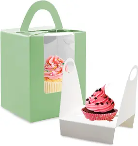 Lainrrew Cupcake Boxes, 30 Pcs Single Cupcake Boxes Individual Cupcake Containers Muffins Cupcake Carriers Pastry Containers with Insert and Window & Handle for Wedding Birthday Parties (Green)
