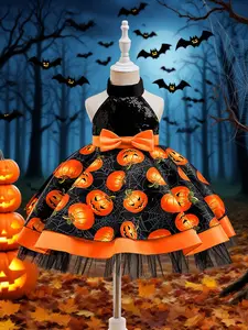 Orange Pumpkin Dress Halloween Costume Pumpkin Print Design Halter Neck Dress Girls Halloween Holiday Gift