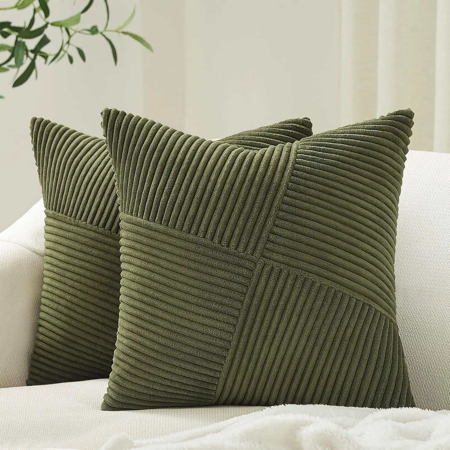 2-Pack Reversible Soft Corduroy Cushion Covers (20x20in/50x50cm) - Sage Green Stripes, Zigzag Stitch Geometric Windmill Patchwork, Hidden Zipper, Removable, Machine Washable, Foldable for Couch, Boho Home Decor, Hidden Zipper Closure