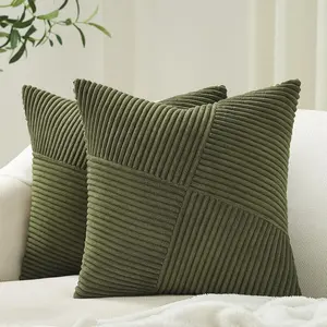 Set of 2 Olive Green Decorative Throw Pillow Covers 20x20 Inches for Couch Bed Sofa, Boho Aesthetic Home Decor, Soft Corduroy Striped Patchwork Windmill Textured Cushion Cases 50x50 cm