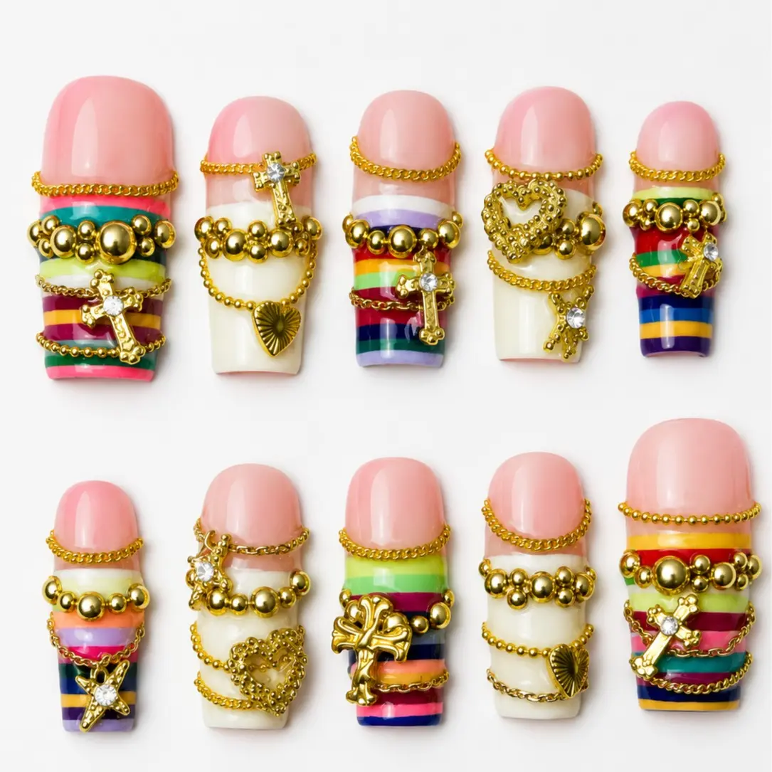 Freestyle Rainbow Gold Chain Press On Nails Y2K Retro Style, Colorful Striped Nails with Cross Heart Charms, Handmade Luxury Nail Art Set