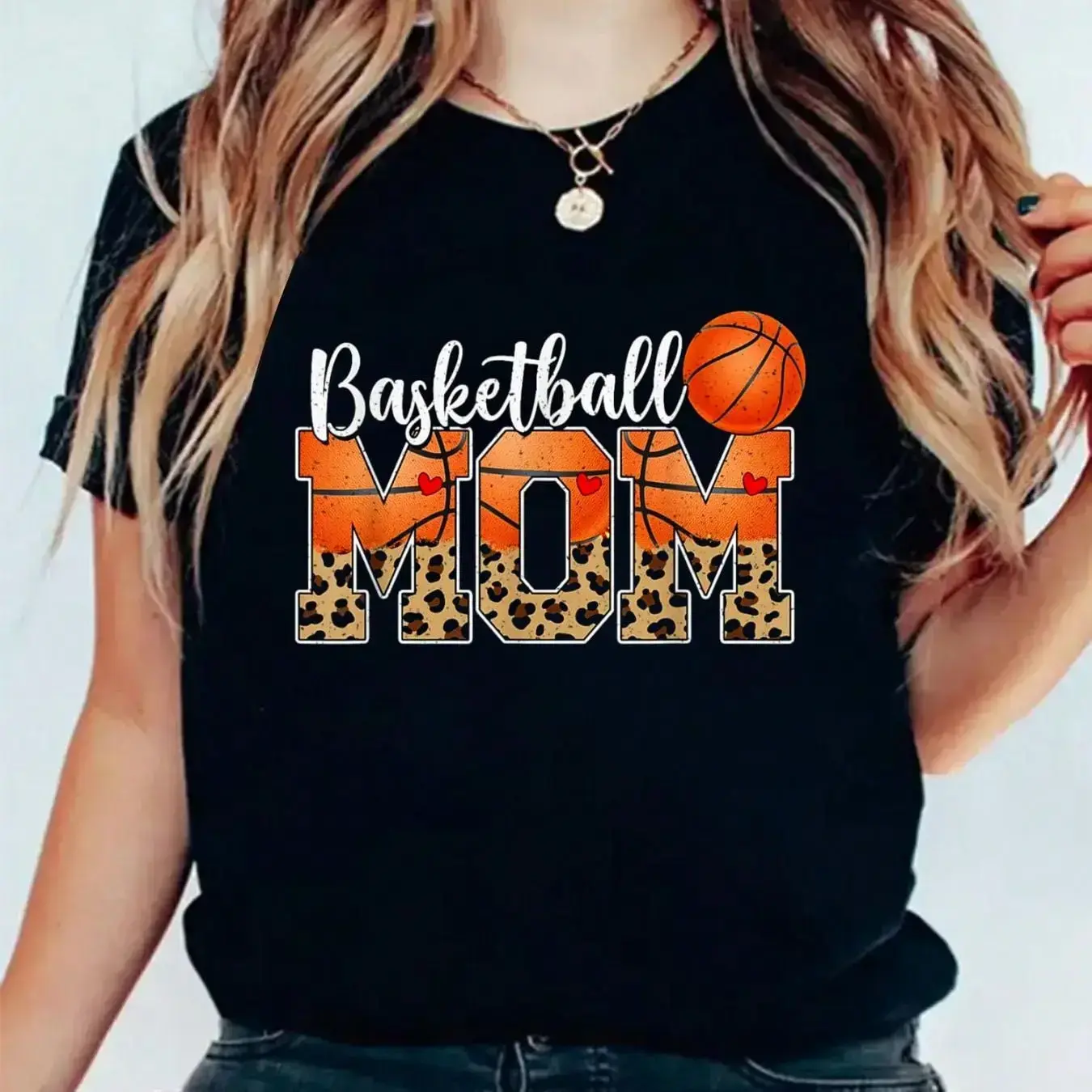Cotton Basketball Mom Graphic Print T-Shirt - Women's Casual Crew Neck Short Sleeve Top, Soft Knit Fabric, Regular Fit All-Season Wear, Machine Washable Sporty Tee for Mother's Day Gifts & Basketball Games, Basketball Shirt, Leopard Pattern Design