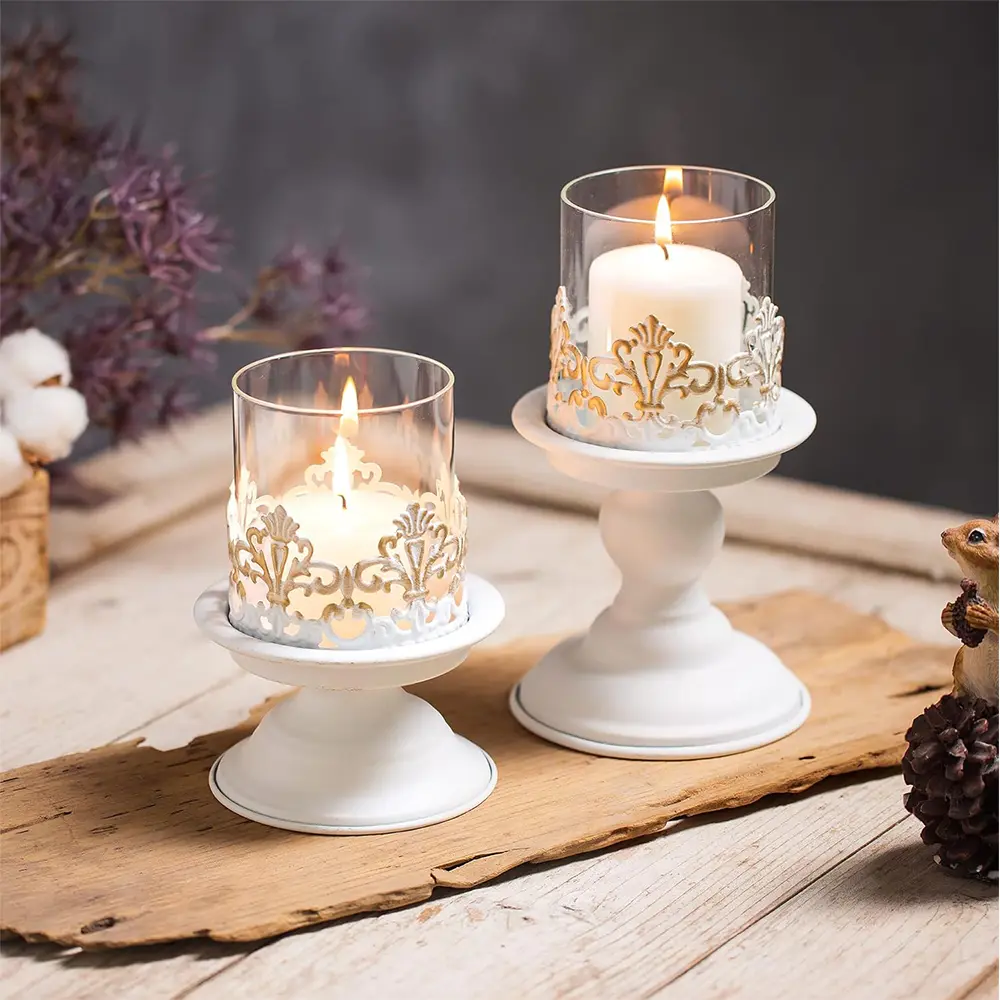 2-Piece Set of Elegant Metal Candle Holders for Table Centerpiece - Antique Design for Pillar Tealight, Golden/Black/White, Perfect for Wedding and Home Decor, Tabletop Mounting Home Accessories Exquisite Embossed Detail, Glass Candle Holder, Vintage