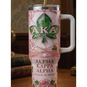 Alpha Kappa Alpha Tumbler with Handle – AKA Sorority Luxury Mug, Pink & Green Stainless Steel Cup, Perfect AKA Gift