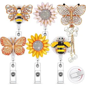 BY-KC25 6 Pieces Sunflower Badge Reel Crystal Badge Reels Holders Retractable Keychain, Sunflower Holder Clip with Alligator Clip, Butterfly Bee for Nurses Doctors Teachers Students Volunteers Employees