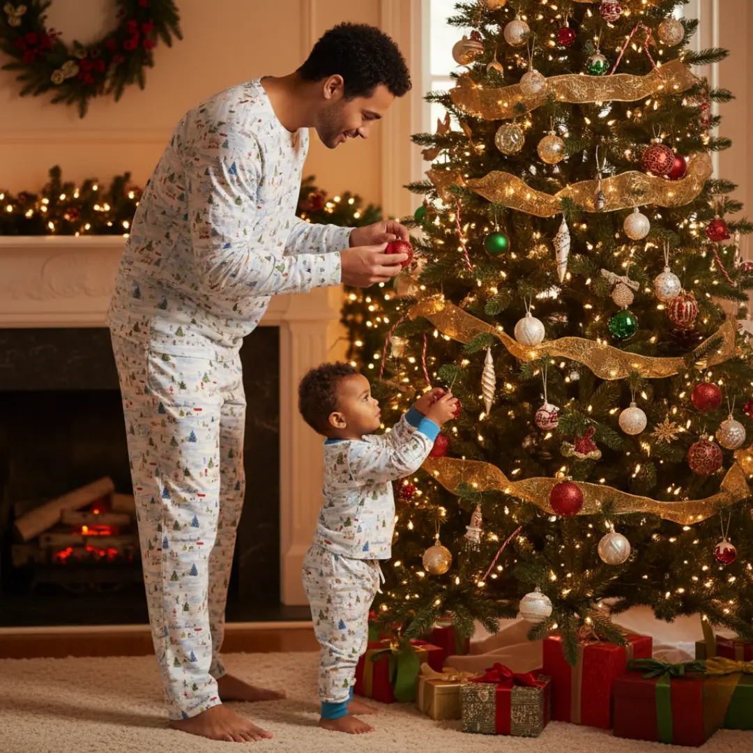 Men's Adult Bamboo Two Piece Pajama Winter Village Machine Washable Featherlight Soft Eco-Luxury Comfort Effortless Stretch Easy Care Year-Round Hypoallergenic