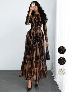 Women's Gothic Irregular Striped Print Long Sleeve Mesh Elegant Vintage Dress, Retro Style, Perfect for Casual Wear