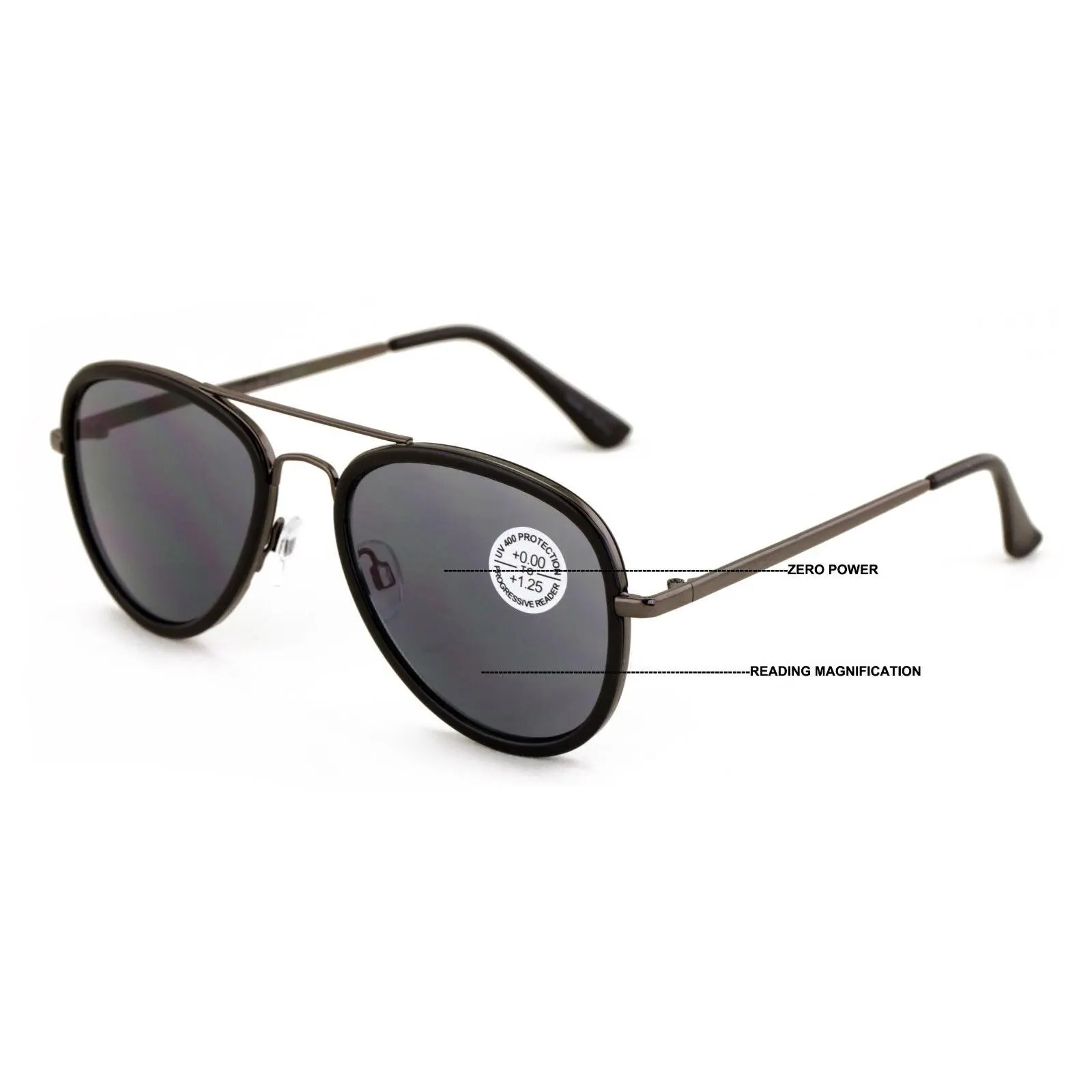 Large Metal Tear Drop Progressive Reading Sunglasses - Zero Power On Top No Line