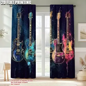 Modern Music Decor Guitar Theme Sheer Curtains Set, Electric Guitar Design, Lightweight Polyester, Bedroom Living Room Kitchen