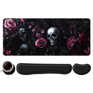 4pcs Gothic Skull and Floral Design Mouse Pad + Keyboard Wrist Rest + Ergonomic Mouse Pad + Coaster Set For Desktop Decoration, Office Accessories Set Ergonomic Wrist Support, Computer Mat Mouse Pad Coaster Suitable For Home Office Gaming
