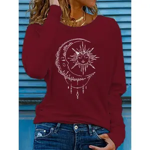 Sun & Moon Printed Round Neck T-Shirt, Casual Long Sleeve T-Shirt, Women's Long Sleeve
