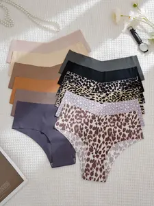 12-Pack Seamless Glue-On Triangle Panties, Printed Ribbed Solid Color Mid-Waist Women's Underwear, All-Seasons Wearable