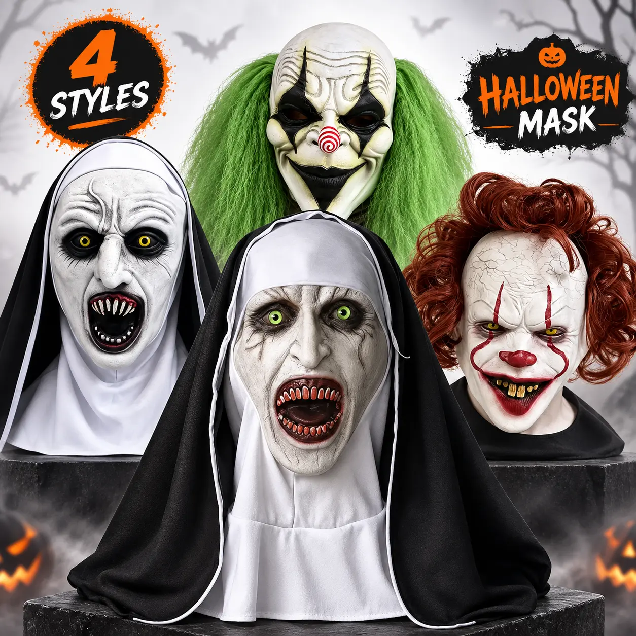 Scary  Mask, Creepy Horror  Face Cover with Multiple Character Styles,  Party Prop for Haunted House,  Events & Photo Booth pool Cosplay Set gift prank Costume hilarious gag Web Shooter Toy Set Holiday Pattern Projector Flashlight deformable funny clown
