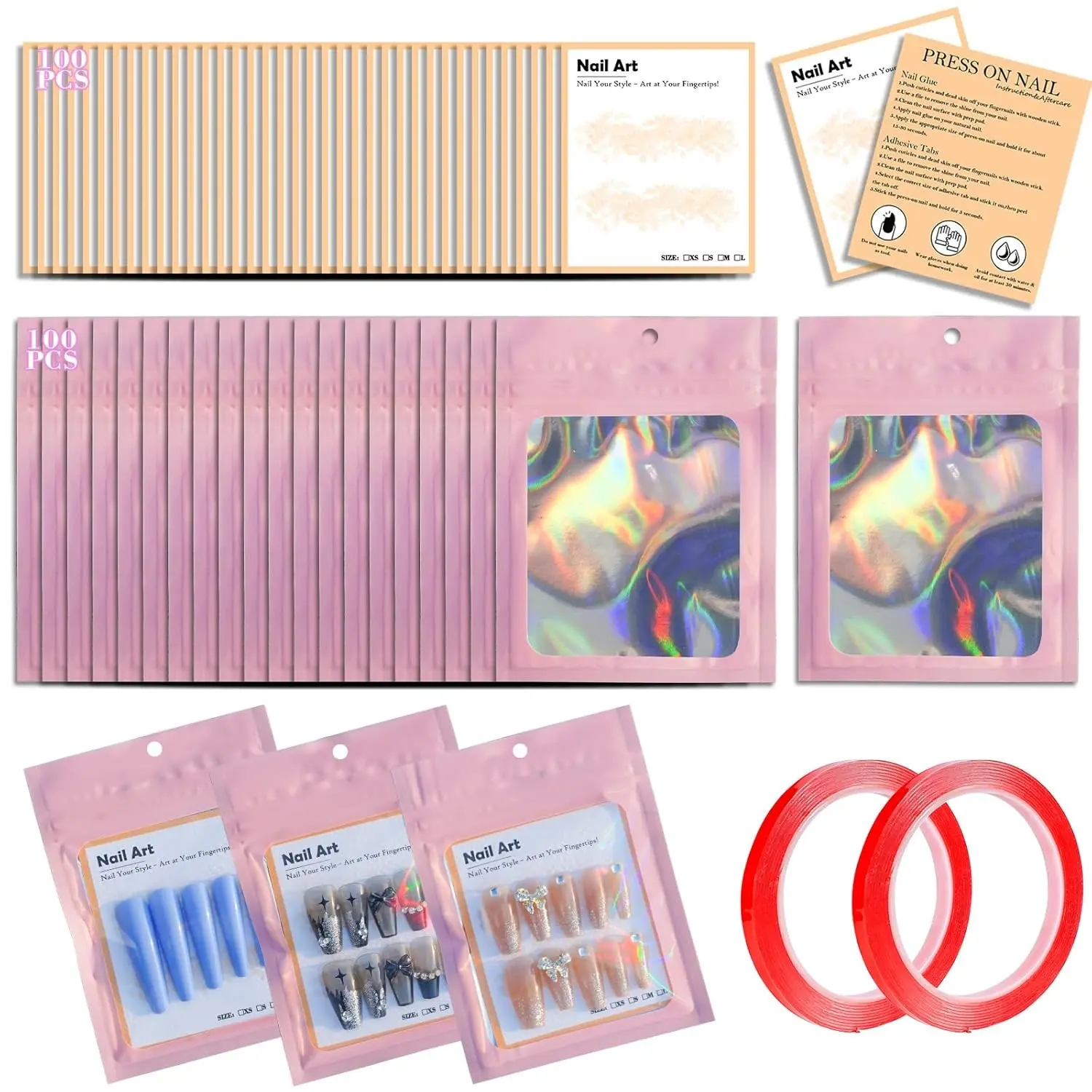 202pcs Press on Nail Packaging Bag, 100pcs Empty Holographic Nail Storage Bag and 100pcs Instruction&Display Black Cardboard with 2 Roll Transparent Tape for Nail Display Profession Salon(Pink, 100)