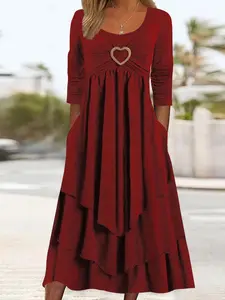 2026 Spring/Autumn New Retro Style Women's Dress, Solid Color, Slim Waist, Heart-Decorated Layered Cake Skirt, Casual Dress, Suitable for Spring and Autumn