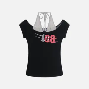 Aelfric Eden Halter Layered Baby Tee Slim Fit Off Shoulder Design Number Print Short Sleeve Stretch Fabric Casual Y2K Streetwear Women Top