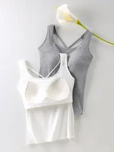 EssElegance Built-in Bra Tank Top Women Ribbed Wire-Free Padded Camisole Criss Cross Back Strappy Yoga Workout Shirt Breathable Soft Stretch Viscose Everyday Activewear Fitness Cami Seamless Summer Athleisure