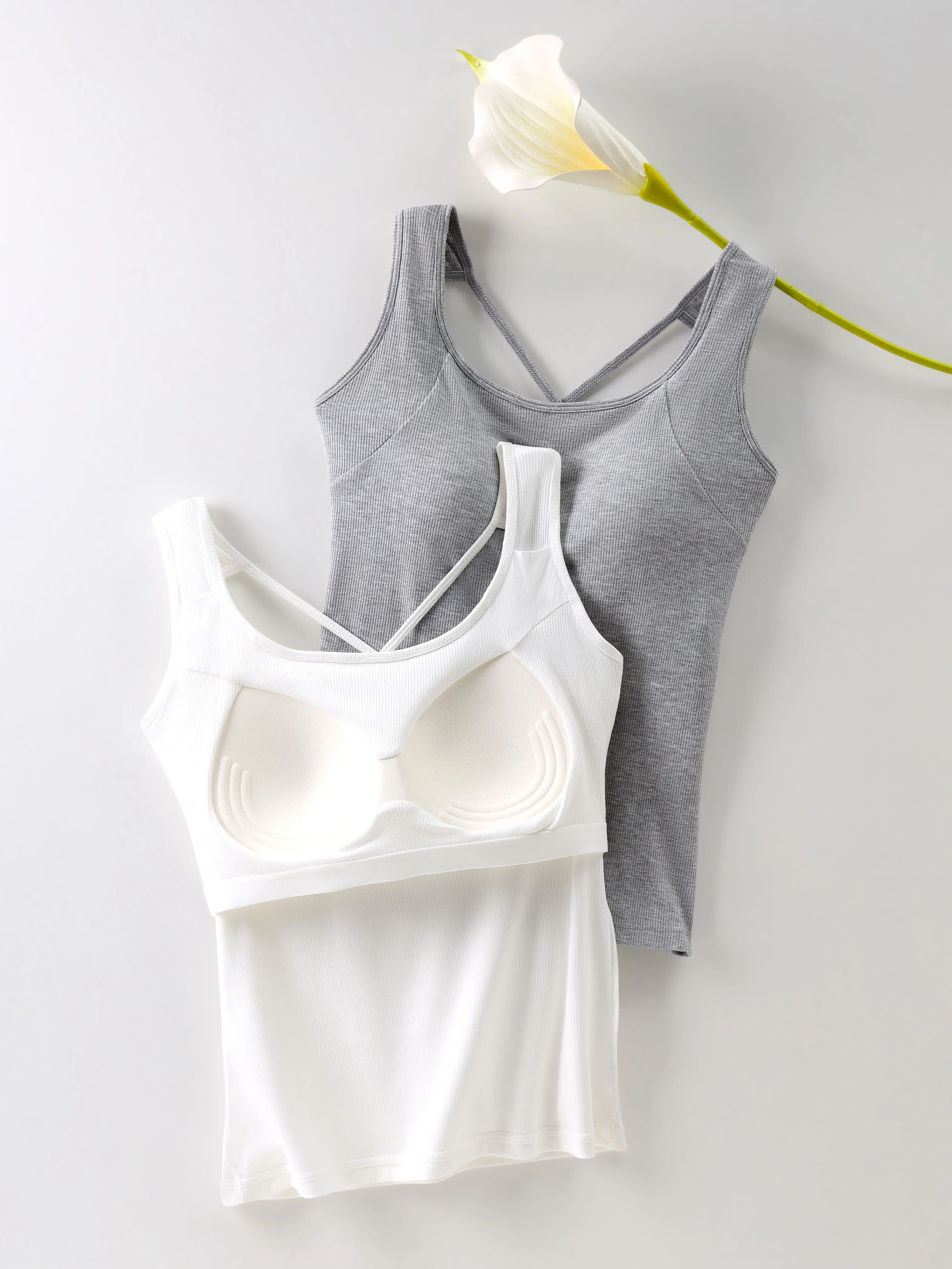 EssElegance Built-in Bra Tank Top Women Ribbed Wire-Free Padded Camisole Criss Cross Back Strappy Yoga Workout Shirt Breathable Soft Stretch Viscose Everyday Activewear Fitness Cami Seamless Summer Athleisure