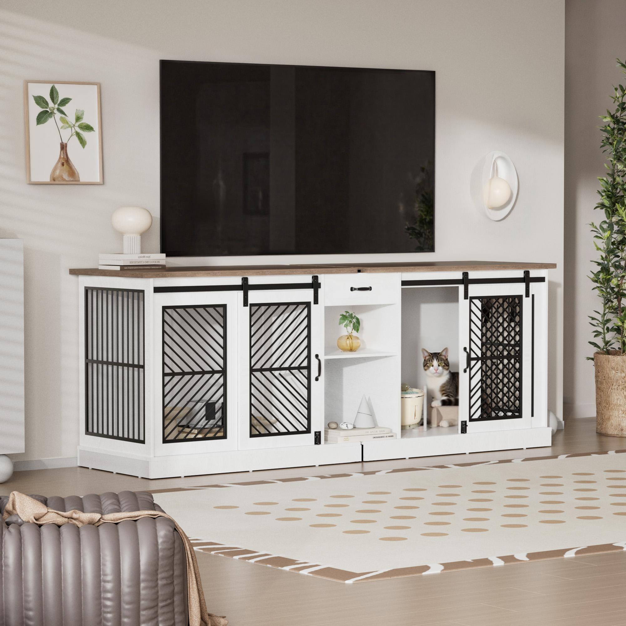 [2 Packages Shipping]Kullavik Dog Crate Furniture, 86.6 Inch Extra Large Heavy Duty Enclosed Wooden Dog Kennel with Storage Drawers & Divider, White Particleboard & Glue-Dipped Indoor Pet House, Multi-Functional TV Stand for Medium Small Dogs