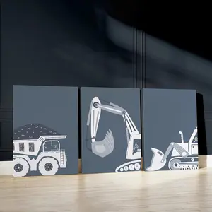 Construction Themed Pattern Unframed Painting, 3 Counts/set Excavator & Dump Truck & Bulldozer Pattern Wall Art, Wall Decor for Home Living Room Bedroom