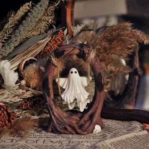 Resin Ghost Style Abstract Collectible Sculpture Statue Home Office Bookshelf Desktop Decor，Ghost on a Tree Swinging Shadows 2026 New Cute Spooky Figurine Indoor Outdoor Decorative Sculptures for Desktop Bookshelf Garden Patio Lawn