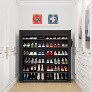 Black Hanging Shoe Rack Organizer 42 Pairs Portable Double Row with Nonwoven Fabric Cover Waterproof Durable Iron Pipes Storage Cabinet for Closet Hangable with Hanging Side Pockets