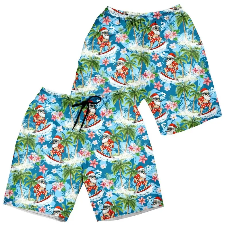 Men's Elastic Santa Surfing Hawaiian Shorts - Tropical Christmas Aloha Pattern Menswear