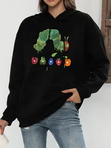 Women's Caterpillar & Fruit Print Drop Shoulder Hoodie, Fashion Casual Drawstring Pocket Hooded Sweatshirt for Daily Holiday Outdoor Wear, Women Clothing for Fall & Winter