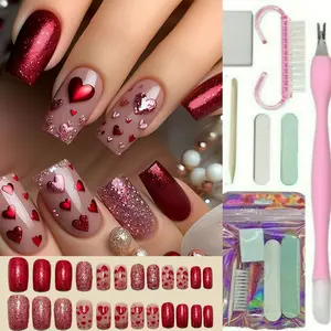 (30 Pcs/1 Set) 24 Fake Nails+6 Pieces Nail Tools, Red Heart Glitter Press on Nails & Manicure Tool Set, Square Fake Nails with Nail Care Kit for Valentine's Day Gift