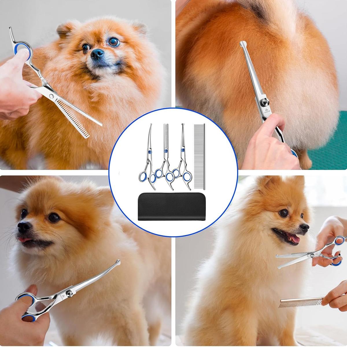 5 in 1 Pet Grooming Scissors Set, 5 Counts/set Stainless Steel Pet Hair Trimming Tool, Professional Pet Grooming Tool for Dogs & Cats, Grooming Supplies, Funny Haircut Gift, Grooming Products