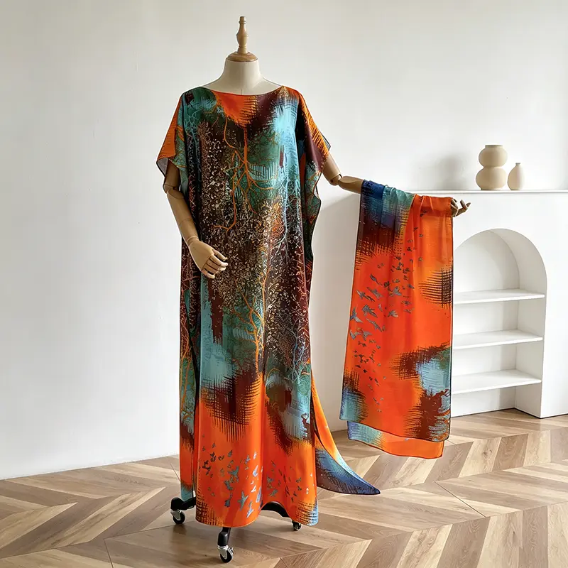 Women's Floral Print Maxi Dress with Matching Scarf, Round Neck Short Sleeves Loose H-Line Silhouette Casual Elegant All Seasons Wear