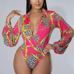 Fuchsia Multi,Two Pieces set,stretch bodysuit,collar. 95% Polyester 5% spandex