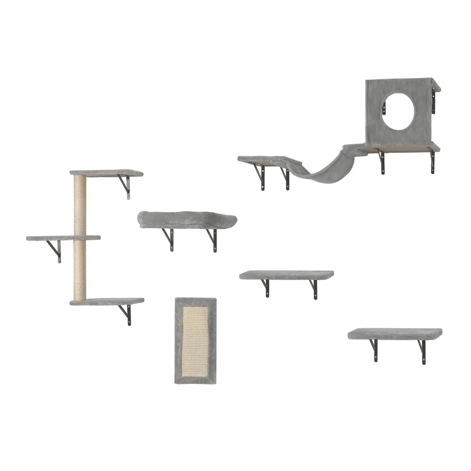 VEVOR Minimalist Wall Mounted Cat Shelves Set of 6 - Odorless Pine Wood Furniture with Jump Board Fun, Hammock, Sofa, Cat Grip, 18.14 kg Capacity for Patio Climbing, Playing
