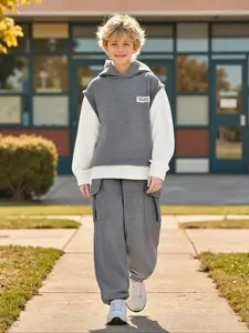 Kikofendy Boys' Fall Winter Casual Preppy Style Hoodie Set, Colorblock Long Sleeve Pullover + Drawstring Pants Two-Piece Clothes Kids