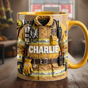 Personalized Firefighter Turnout Gear Mug, Custom Name Fireman Coffee Cup, First Responder Aesthetic Drinkware, Hero Gift for Him, Volunteer Firefighter Commemorative Mug, Fire Chief Gear Graphic Cup