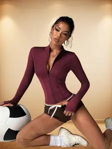 Sexy Slim Fit Stand Collar Zipper Long Sleeve Top, Fall Winter New Fitness Yoga Outerwear, Waist Cinch Slimming Versatile Sportswear
