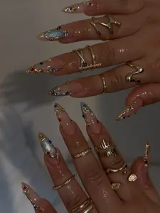 Bubble Nailart | Jeweled Frame 10PCS+ Blue Glitter Multi Color Stone Gold Stiletto Long Press On Nails | Handmade Reusable Luxury Fake Nails Gel Nail | 2026 Trendy Glossy Design