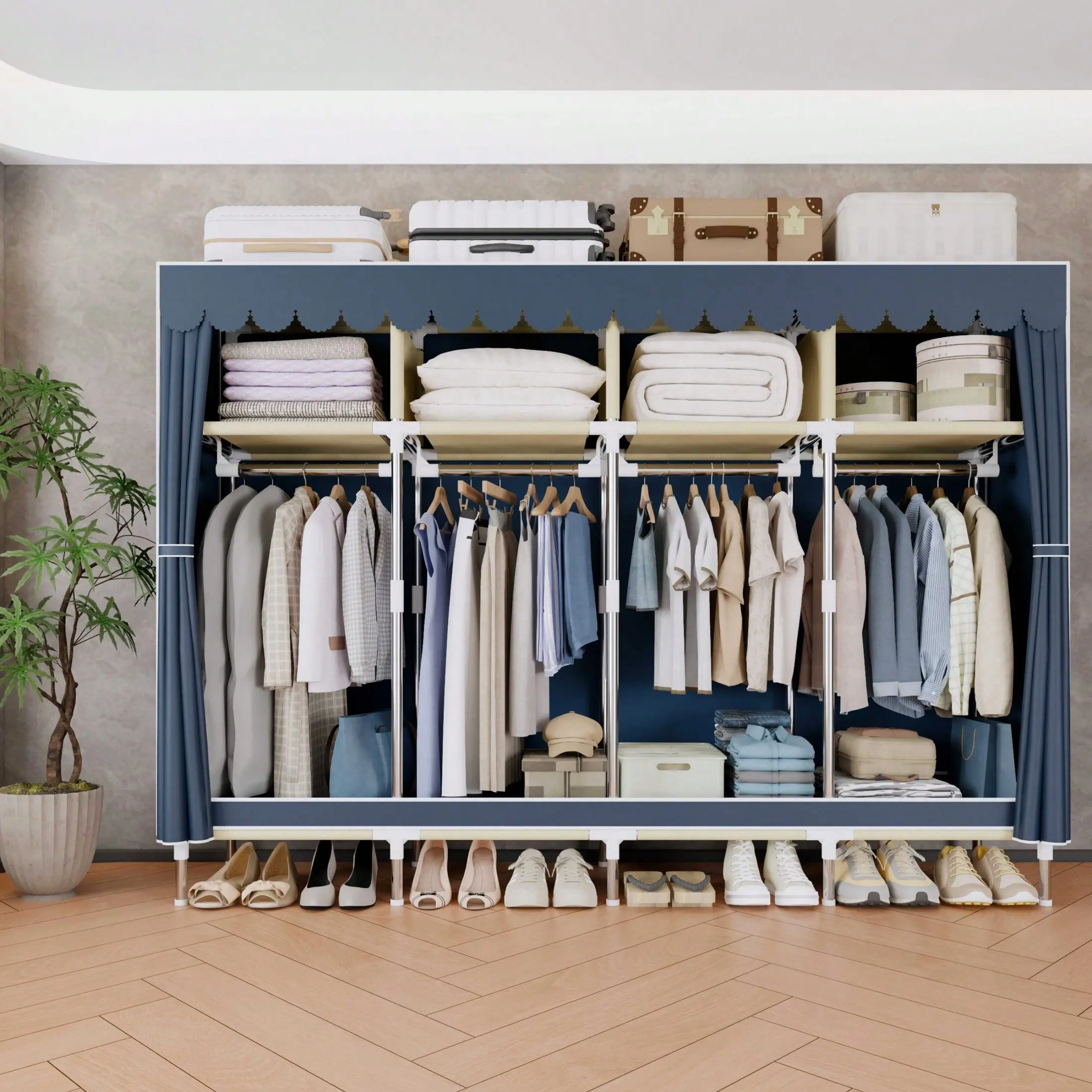 Heavy Duty Wardrobe Closet - 79 in Portable Clothes Rack with Shelf Storage Organizer, Sturdy Easy-Assembly Indoor Furniture for Bedroom, Dorm Use, Available in Grey, Red, Blue