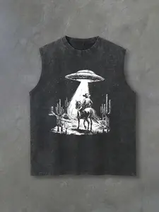 Men's 230g Washed Cotton Western Graphic Vest - Retro Streetwear Sleeveless Tank Top with Cowboy & UFO Desert Print, Machine Washable Summer Beachwear, Casual Outdoor Apparel,, Easter, Music Festival, Mother's Day Gifts
