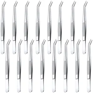 16 Pcs Stainless Tweezers for Crafting with Curved Serrated Tip Multipurpose Forceps Sewing Machine Tweezers Bulk (Silver)