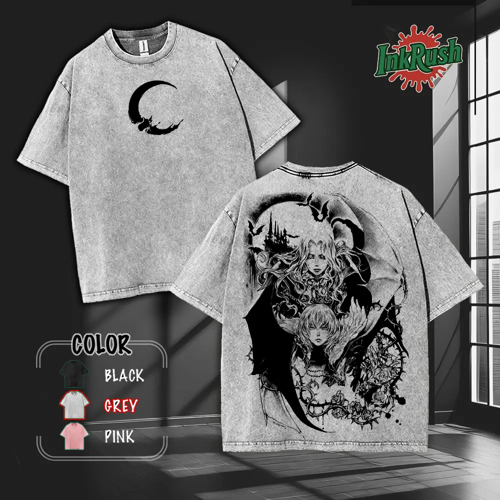 Castlevania v2 Symphony of the night Washed T-shirt Top Classic Gothic Prints Seamless Smooth Dracula Warrior Dark Vampire Style Tshirt Casual shirts men