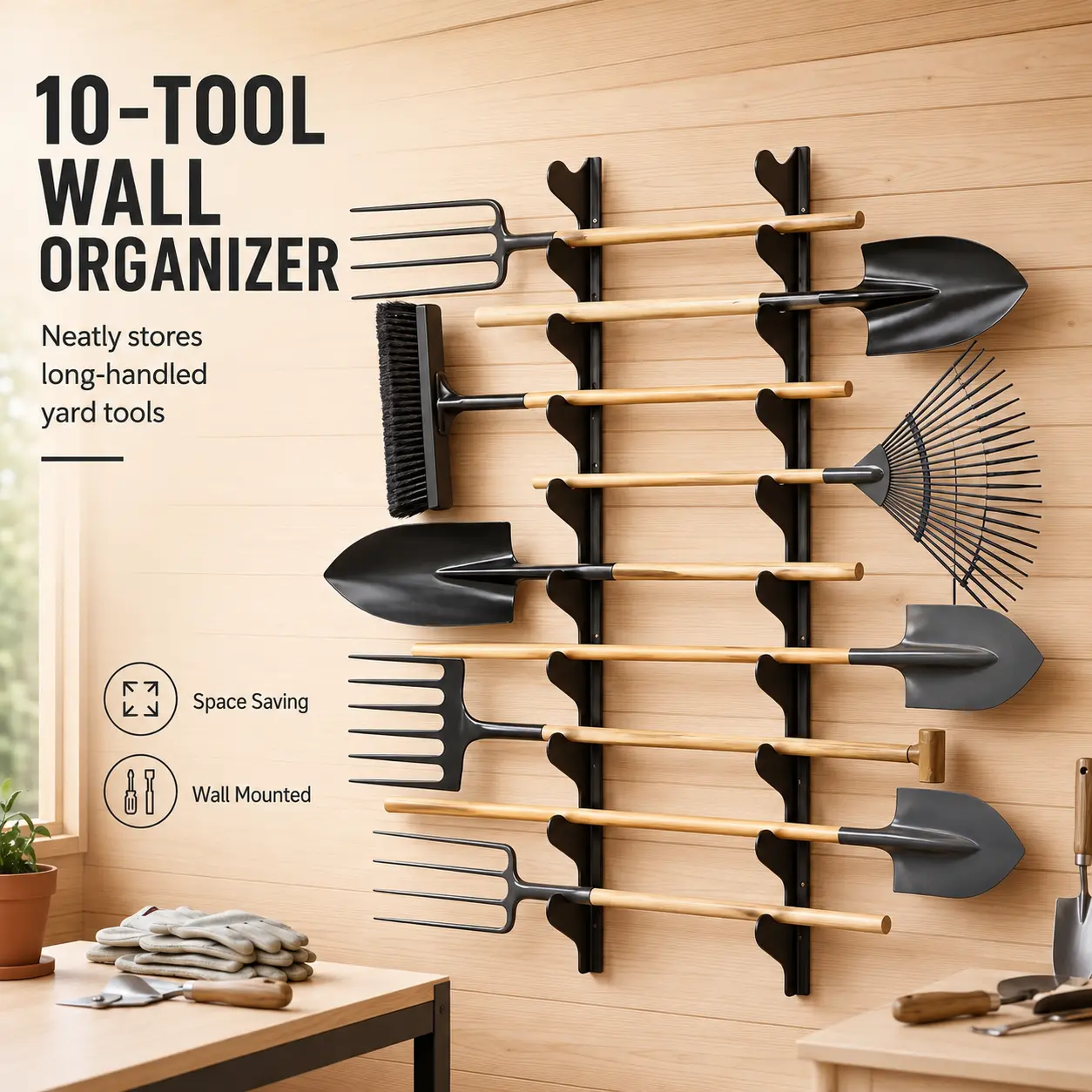 Wall Mounted Garden Tool Organizer, 5-Slot Or 10-Slot Metal Long Handle Tool Rack, Shovel Rake Broom Hoe Holder, Space-Saving Garage Wall Storage For Shed, Yard & Workshop